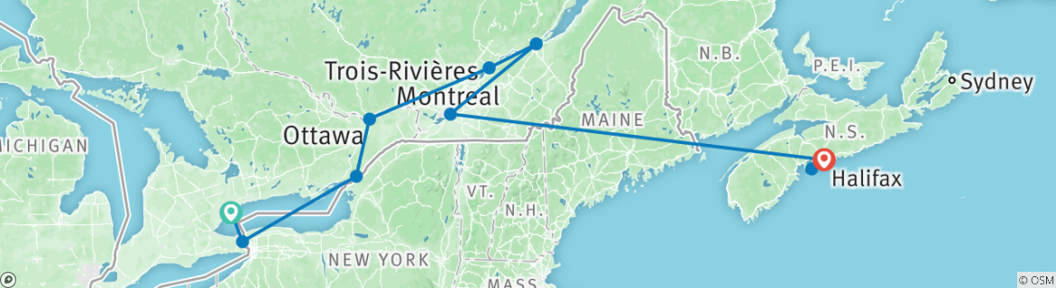 Image of a map showing the route of the tour