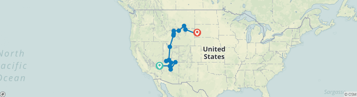Image of a map showing the route of the tour