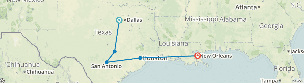 Image of a map showing the route of the tour