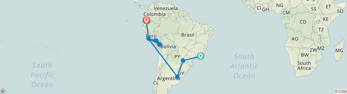 Image of a map showing the route of the tour
