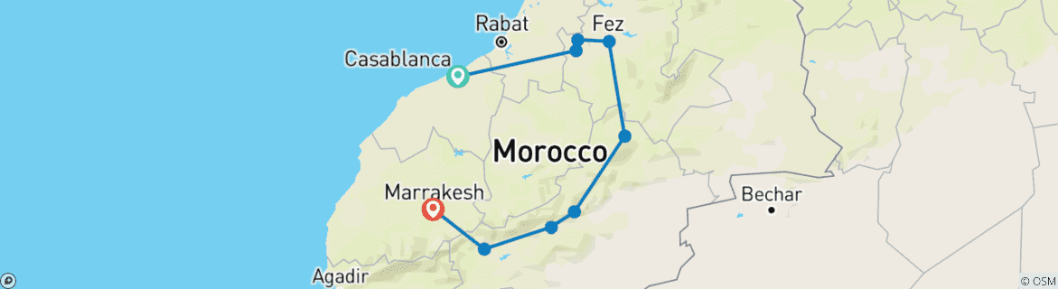 Image of a map showing the route of the tour