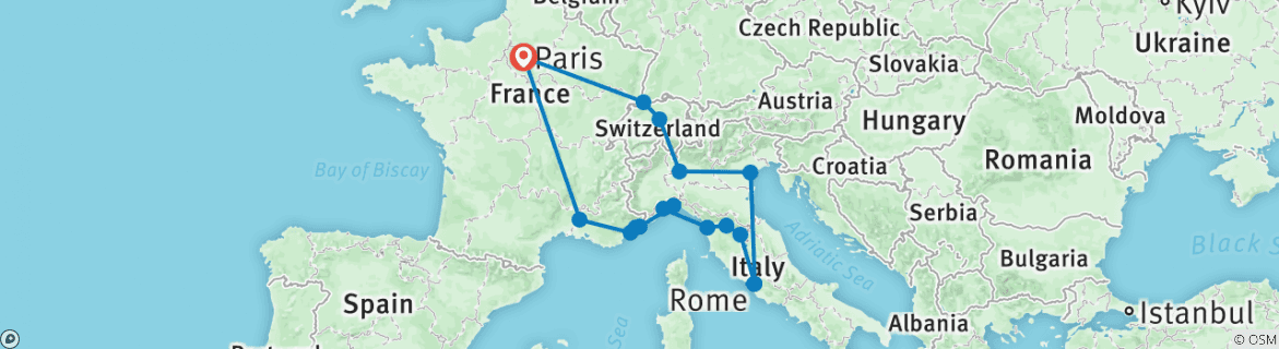 Image of a map showing the route of the tour