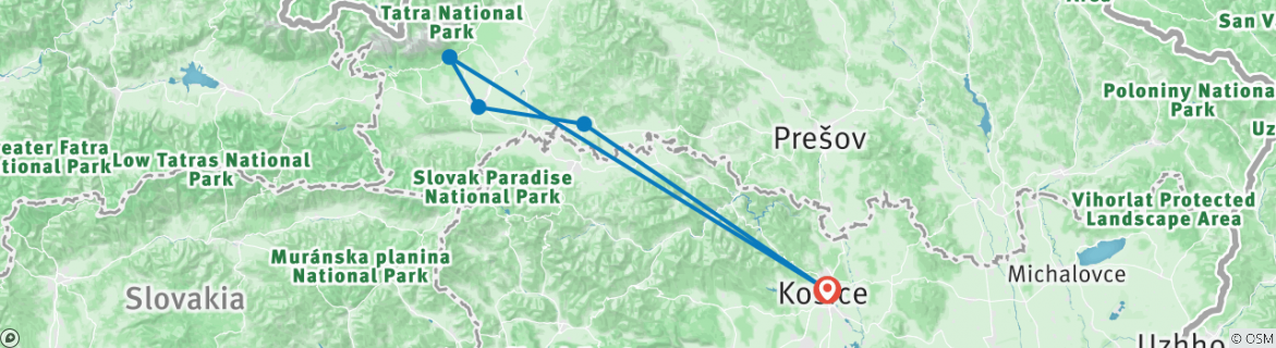 Image of a map showing the route of the tour