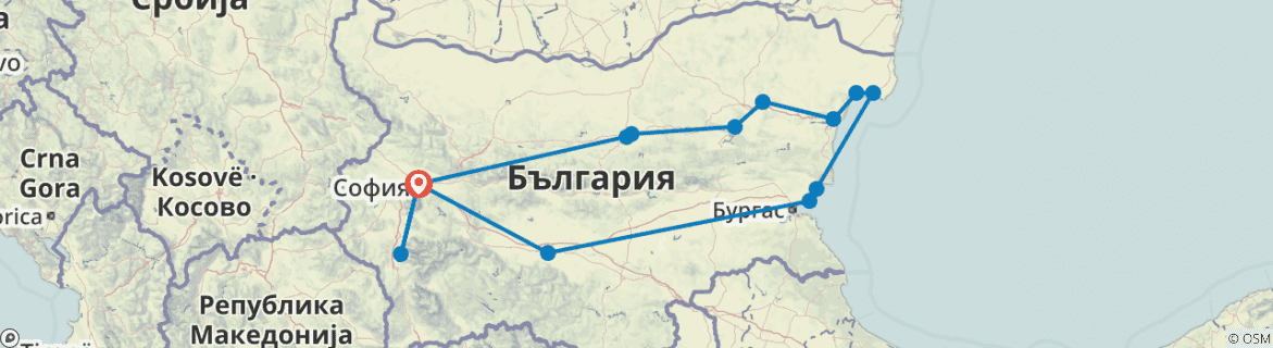 Image of a map showing the route of the tour