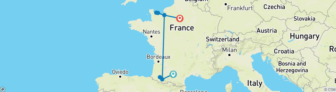Carte du circuit Sanctuaires de France (de Toulouse à Paris)