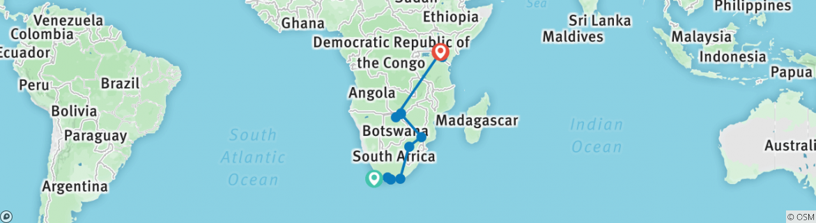 Image of a map showing the route of the tour