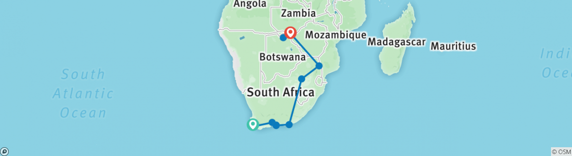 Image of a map showing the route of the tour