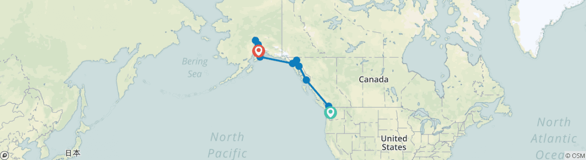 Image of a map showing the route of the tour