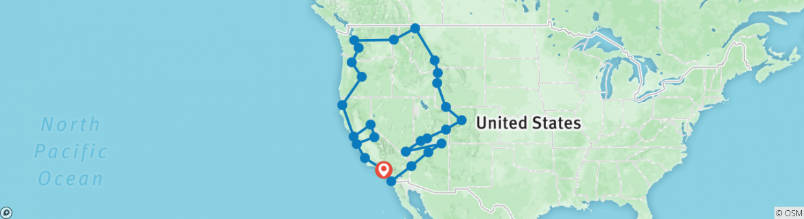 Image of a map showing the route of the tour