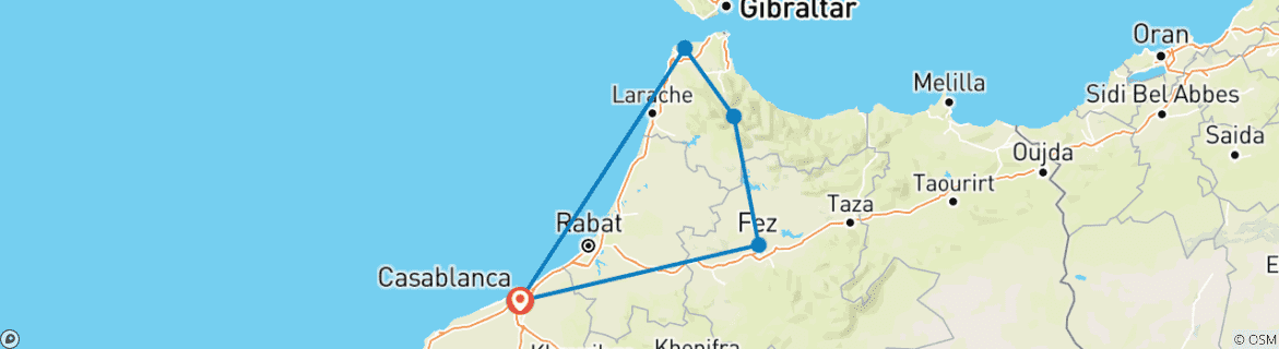 Image of a map showing the route of the tour
