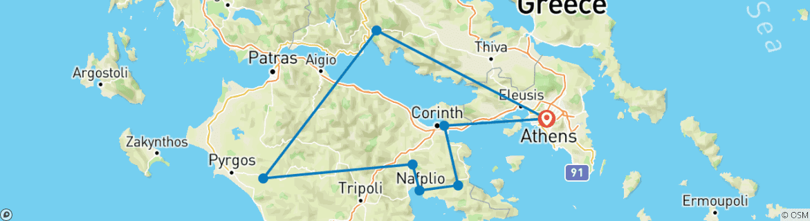 Image of a map showing the route of the tour