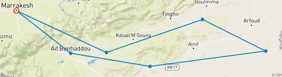 Image of a map showing the route of the tour