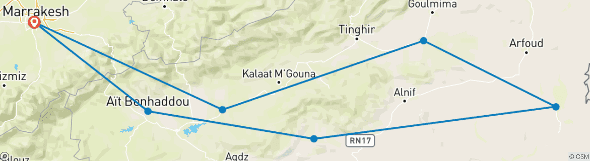 Image of a map showing the route of the tour
