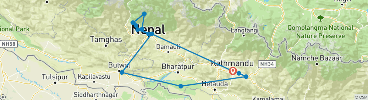 Image of a map showing the route of the tour