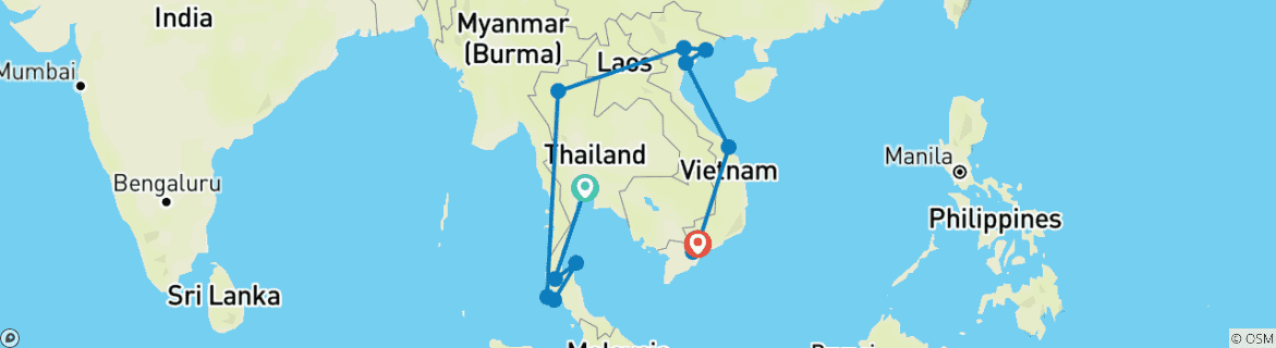 Image of a map showing the route of the tour