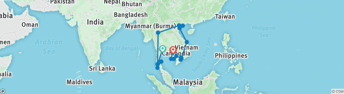 Image of a map showing the route of the tour