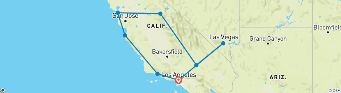 Image of a map showing the route of the tour