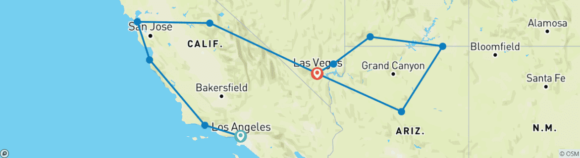 Image of a map showing the route of the tour