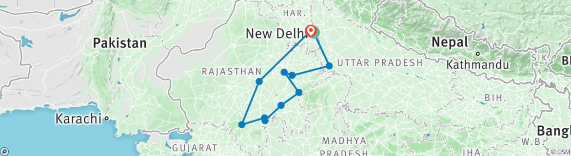 Image of a map showing the route of the tour