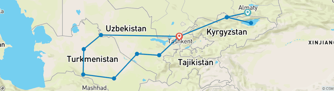 Karte von Zentralasien ab Almaty - 16 Tage
