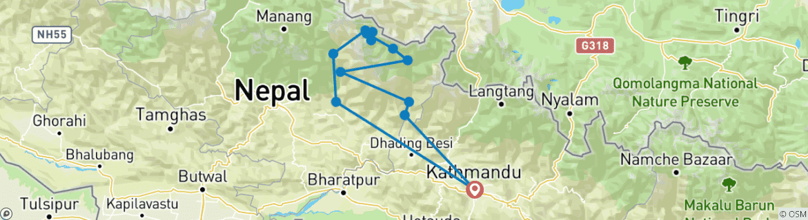 Image of a map showing the route of the tour