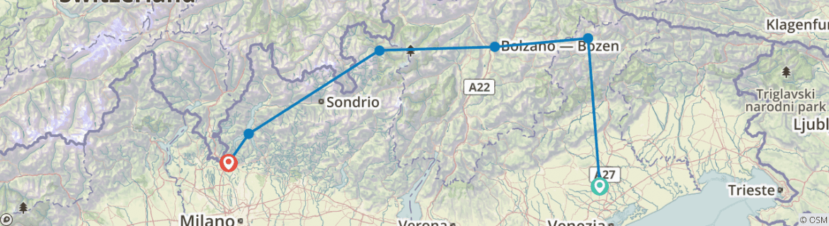 Image of a map showing the route of the tour