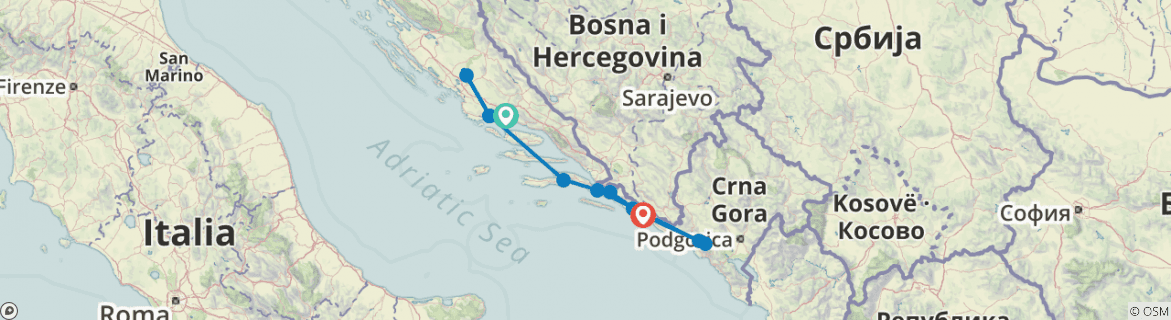 Image of a map showing the route of the tour