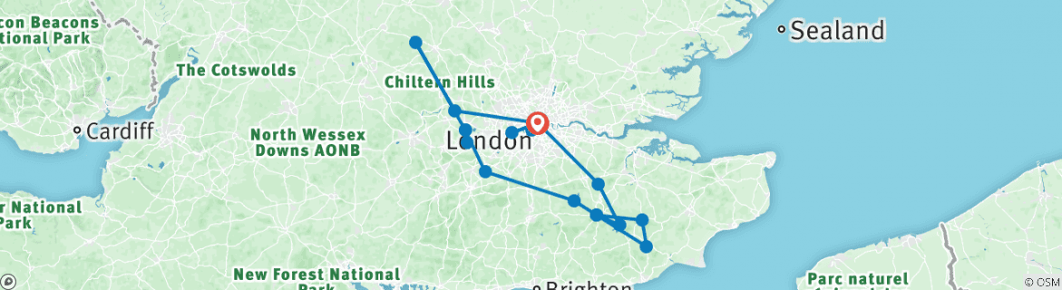 Image of a map showing the route of the tour