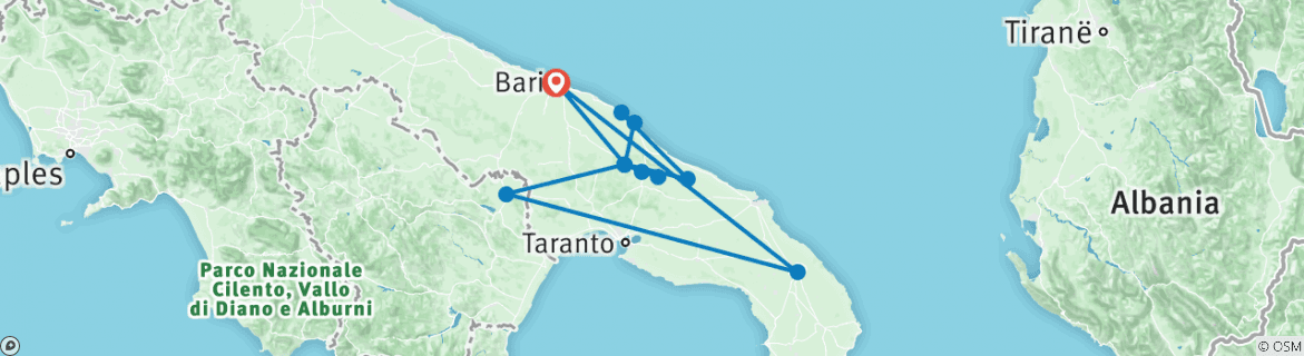 Image of a map showing the route of the tour