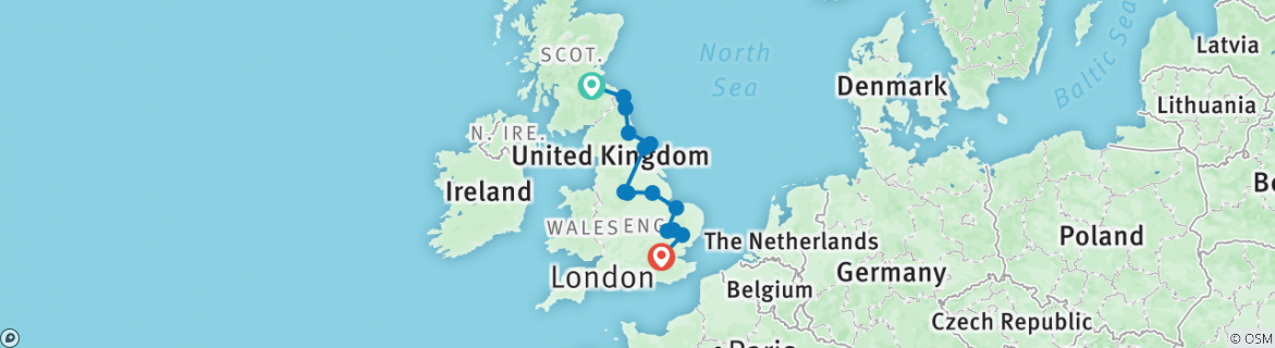 Image of a map showing the route of the tour
