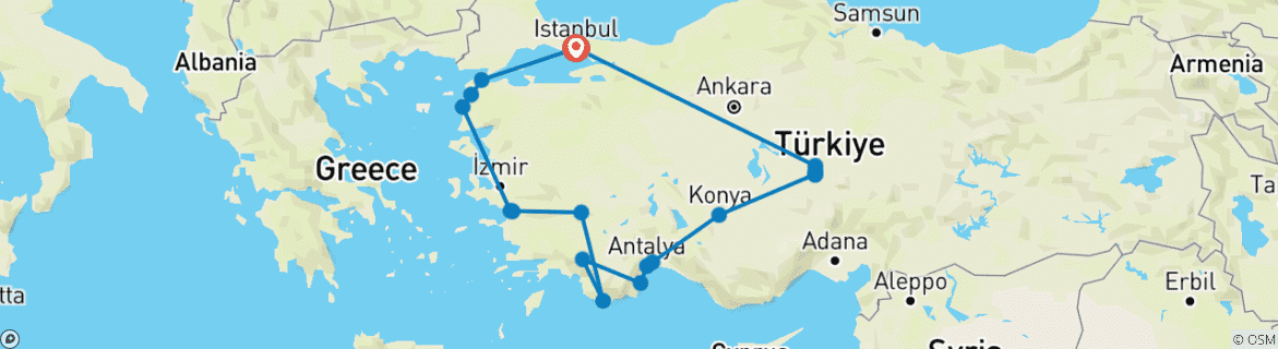 Image of a map showing the route of the tour