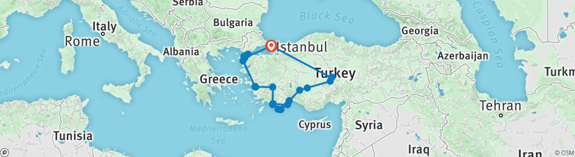 Image of a map showing the route of the tour