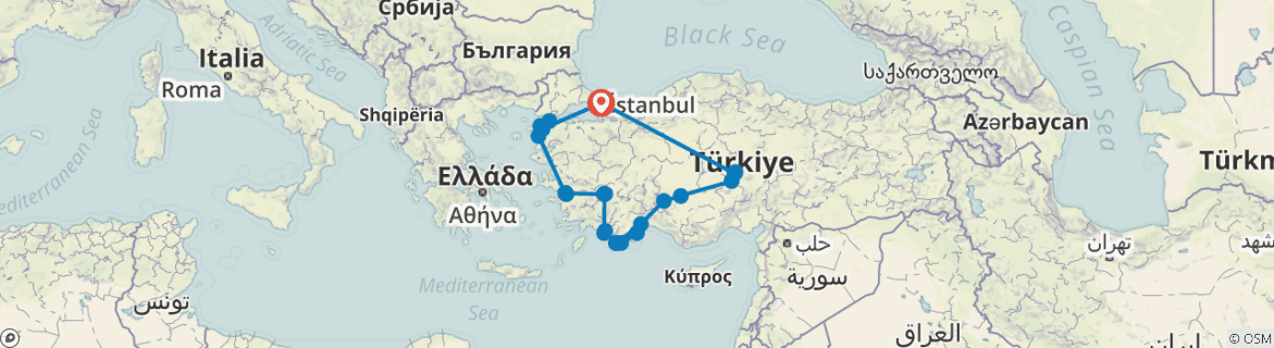 Image of a map showing the route of the tour