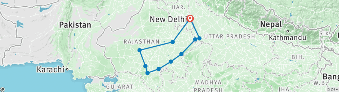 Image of a map showing the route of the tour