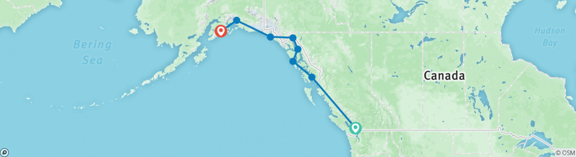Image of a map showing the route of the tour