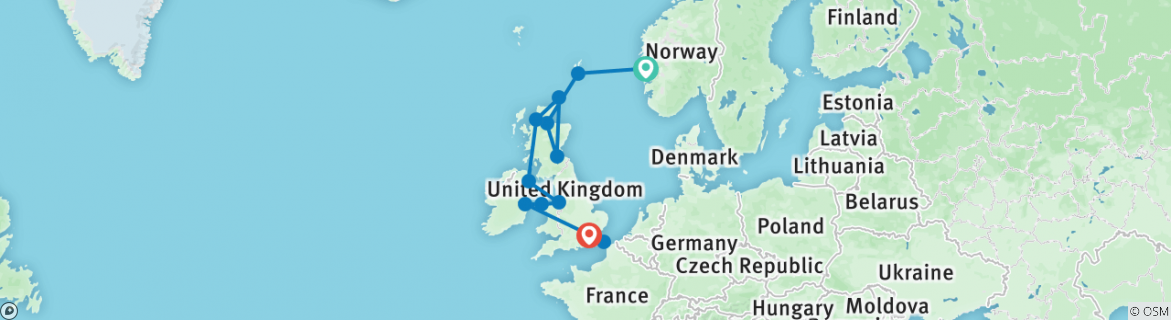 Image of a map showing the route of the tour