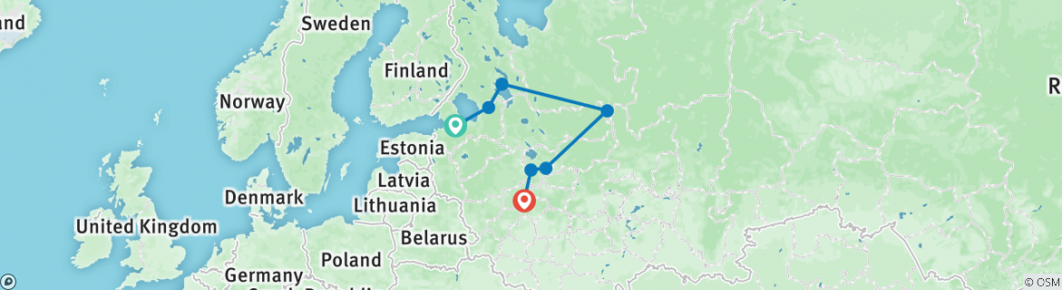 Image of a map showing the route of the tour