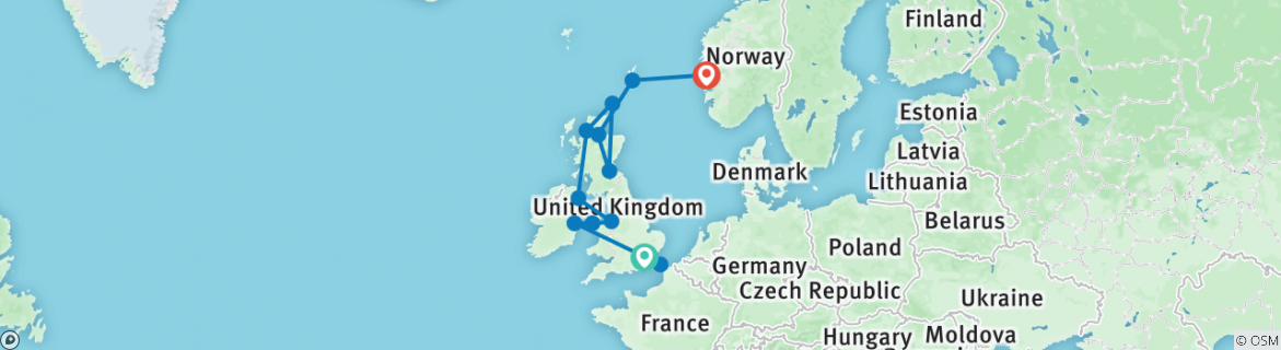Image of a map showing the route of the tour