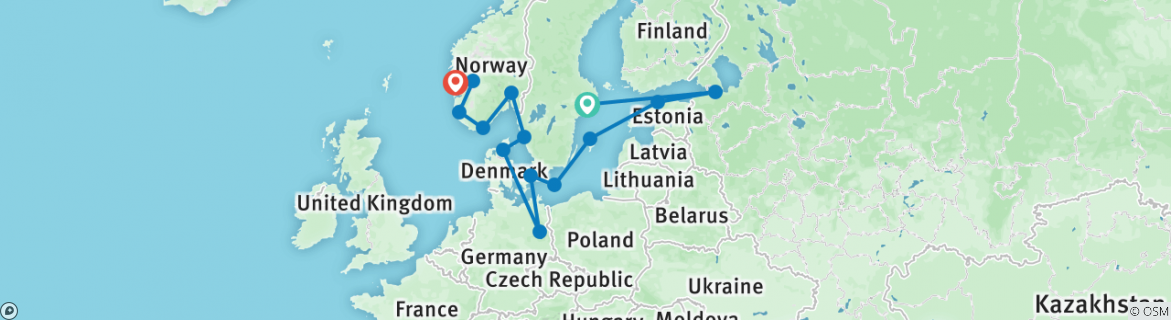 Image of a map showing the route of the tour