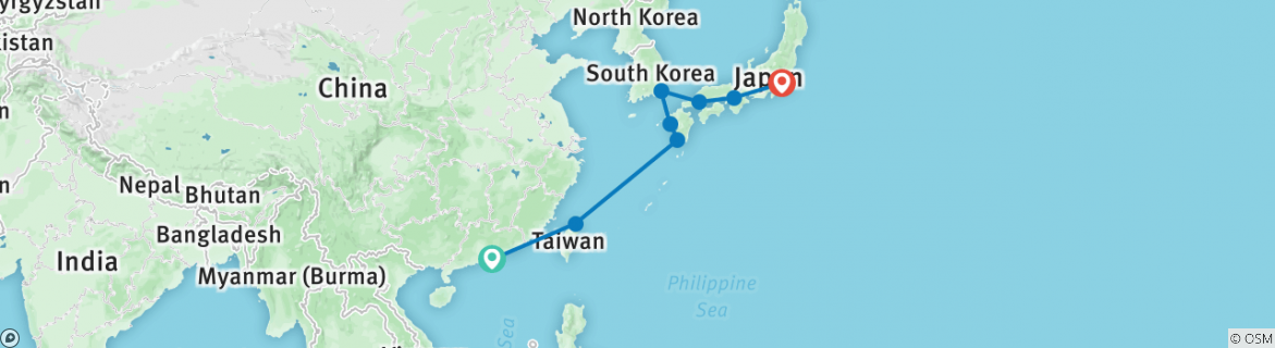 Image of a map showing the route of the tour