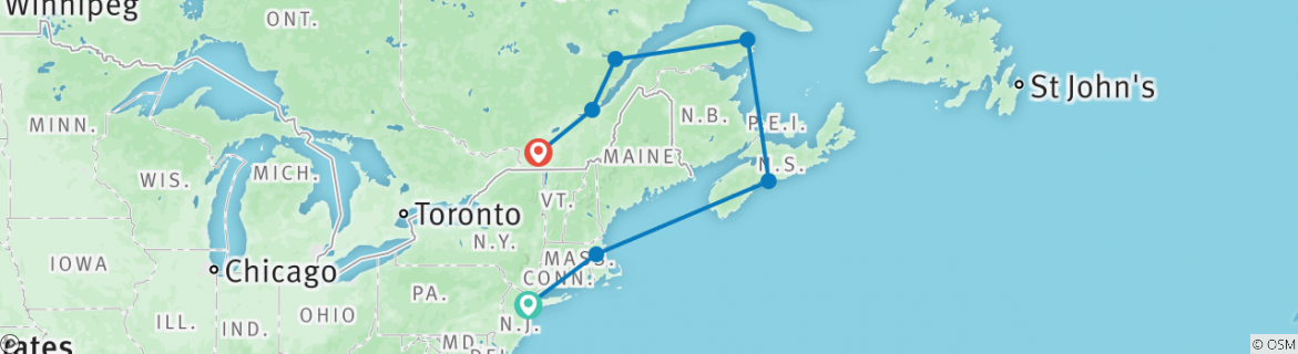 Image of a map showing the route of the tour