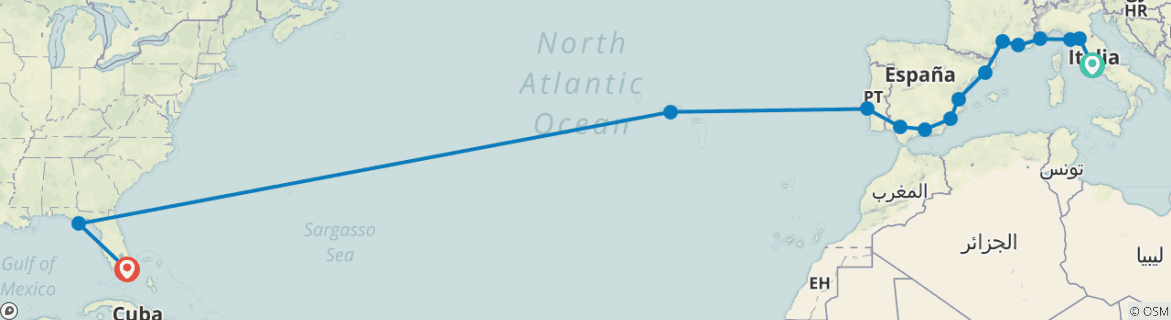 Image of a map showing the route of the tour