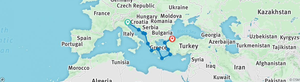 Image of a map showing the route of the tour