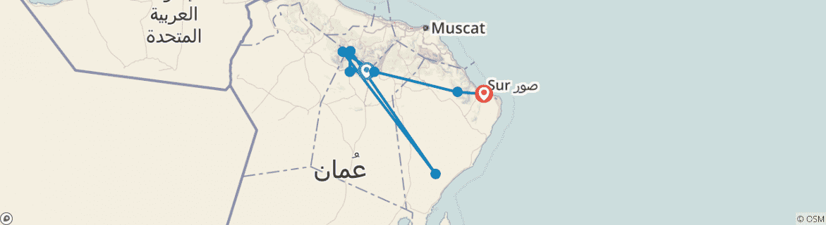Image of a map showing the route of the tour