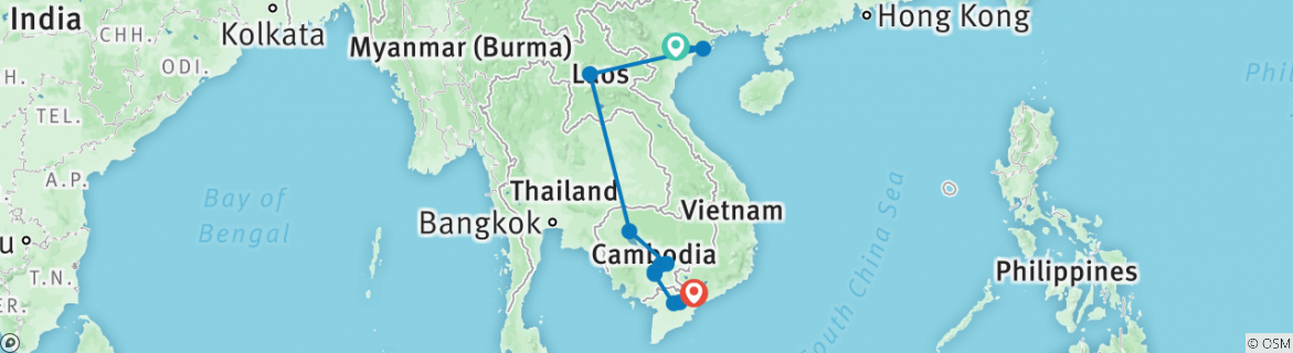 Image of a map showing the route of the tour