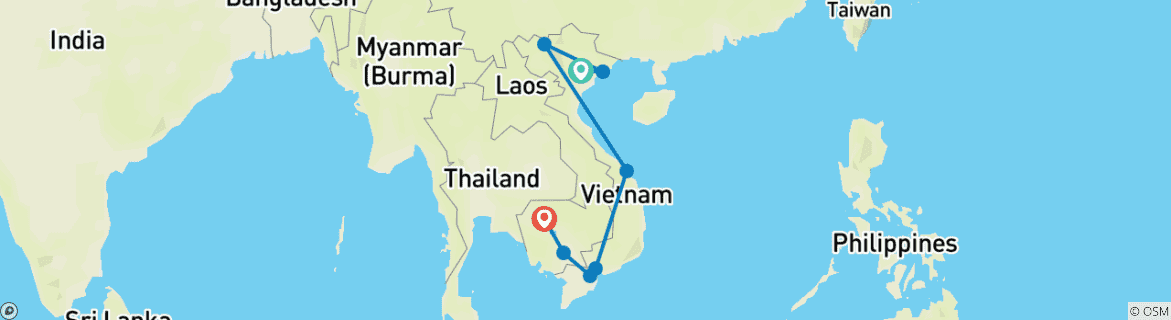 Image of a map showing the route of the tour
