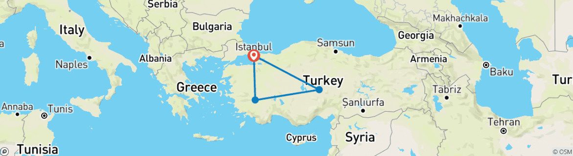 Image of a map showing the route of the tour
