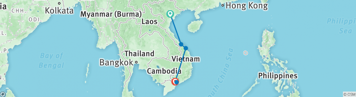 Image of a map showing the route of the tour