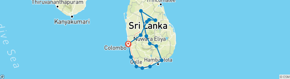 Image of a map showing the route of the tour