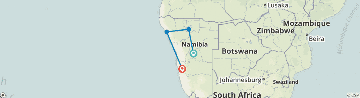 Image of a map showing the route of the tour